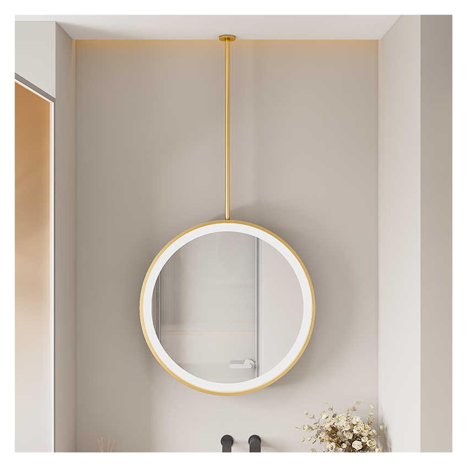 BKSXSOP Customizable 70cm Gold Oval Ceiling Hanging Mirror with Touch Button, Illuminated Wall-Mounted Design - Perfect for Home Decor and Stylish Interiors