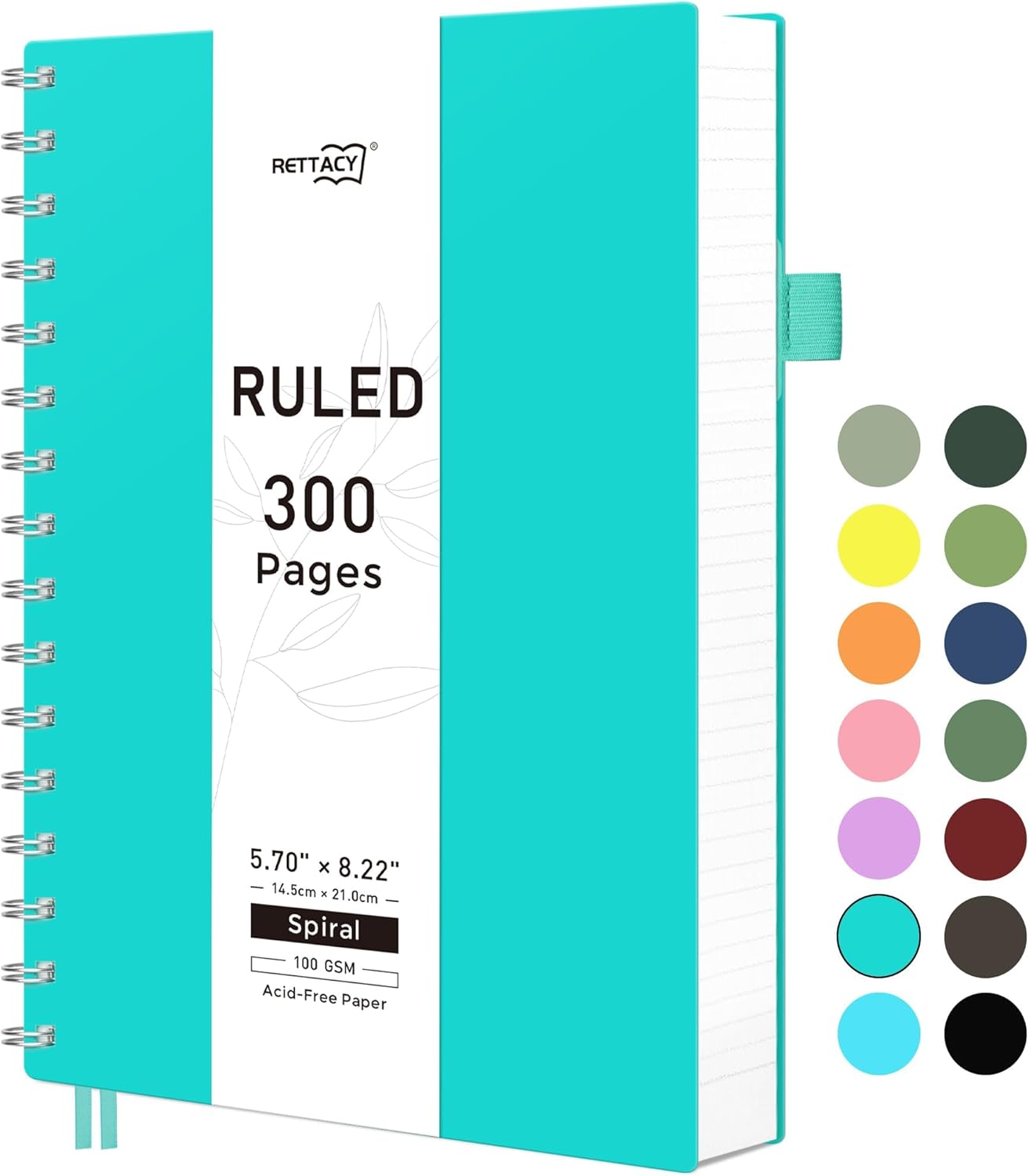RETTACY Spiral Notebook, A5 College Ruled Notebook with 300 Pages, 5.7″ × 8.2″, Medium Size, Notebook Journal for School, Work, Writing, 100 GSM Thick Paper, Flexible Plastic Cover (Tiffani Blue)