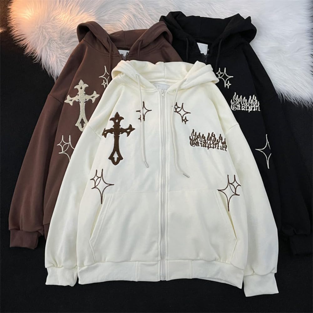 Y2k Felpa con cappuccio gotica da uomo e donna con zip e ricamo incrociato grafico abbigliamento estetico streetwear