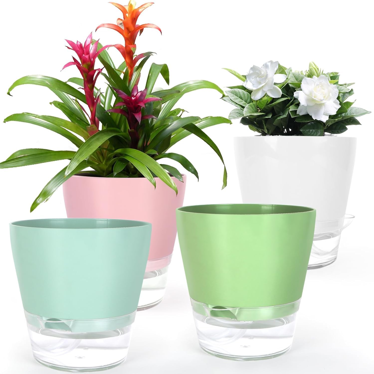 KAHEIGN 4Pcs Self Watering Plant Pots, 15CM Plastic Flower Pot Garden Bonsai Pot with Drainage Hole and Large Capacity Reservoir - Pots for Aloe Herb Orchid Succulent Plants (4 Colors)