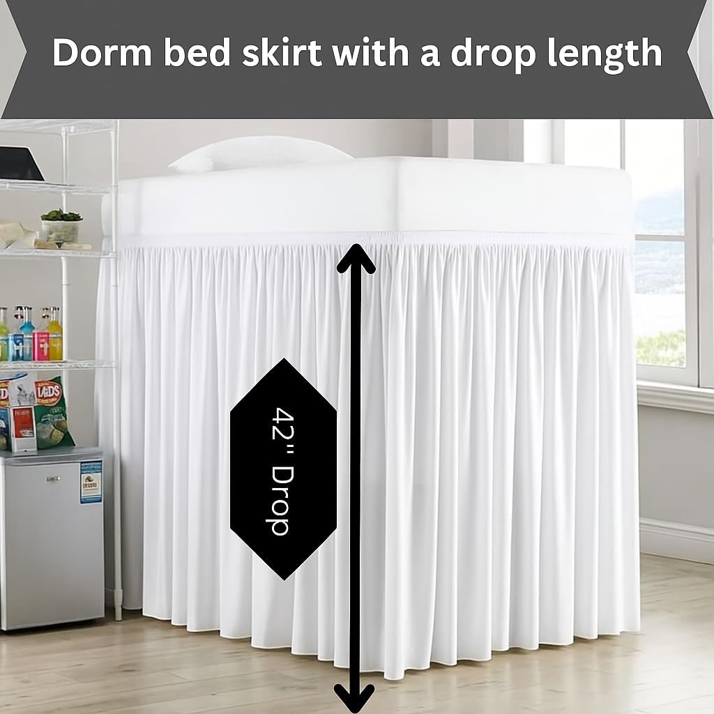 Dorm Bed Skirt Full XL 42 Inch Drop College Dorm Room Essentials Bed Skirt 100% Microfiber Extra Long Ruffle BedSkirt with Split Corner White Solid