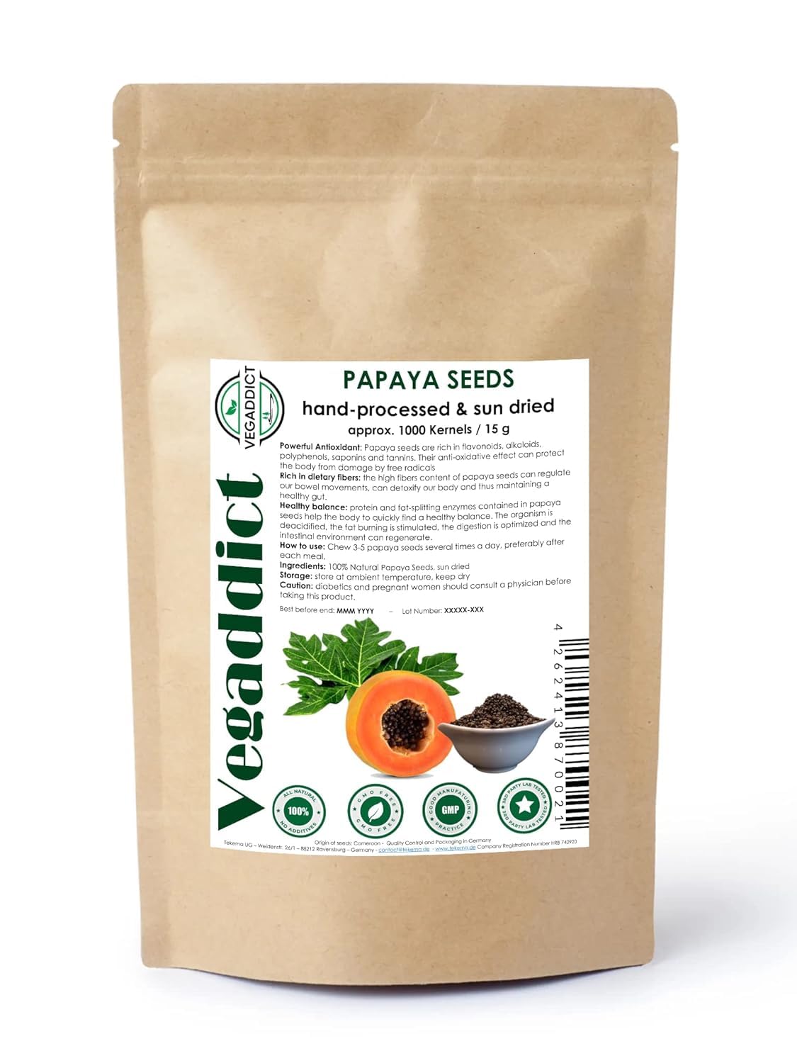 100% Natural Sun Dried Papaya Seeds | High Papain & Carpain Content | No Additives | Vegan | Laboratory Tested | Gluten & Lactose Free | Ethycally sourced | 15g (approx 1000 seeds)