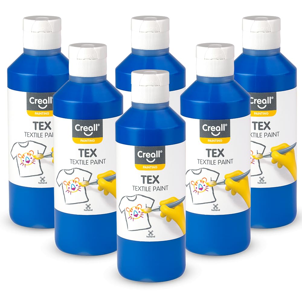 Creall Pintura textil y de tela, azul, 6 x 250 ml, lavable a máquina después de la fijación, para camisetas, vaqueros, zapatos, bolsas de tela, muebles y interior de coche/techo