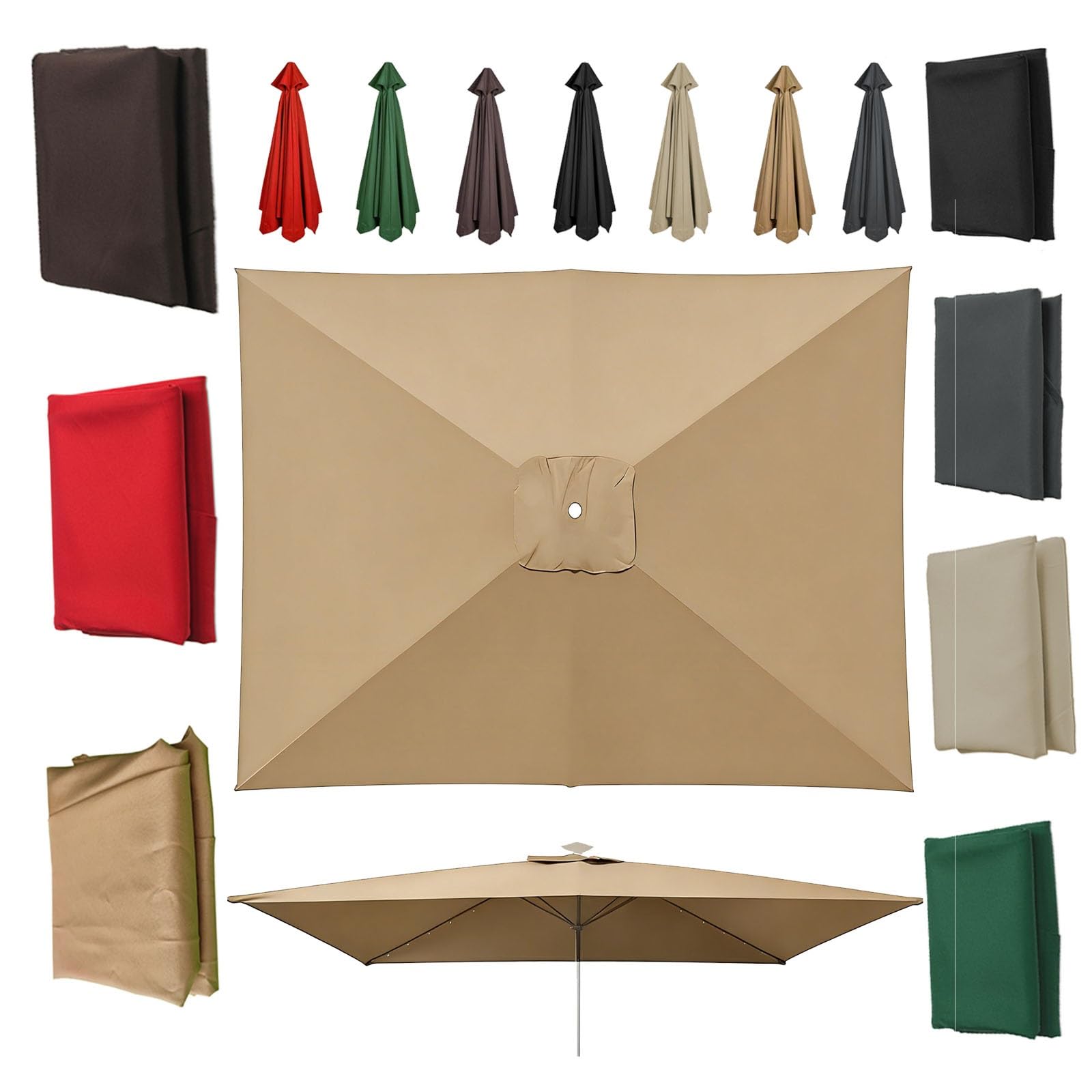 4/6/8 Arms Large Square Replacement Parasol Canopy, 200x300cm/200x200cm 30% UV surface polyester(Khaki,8ribs-2.7x2.7m)