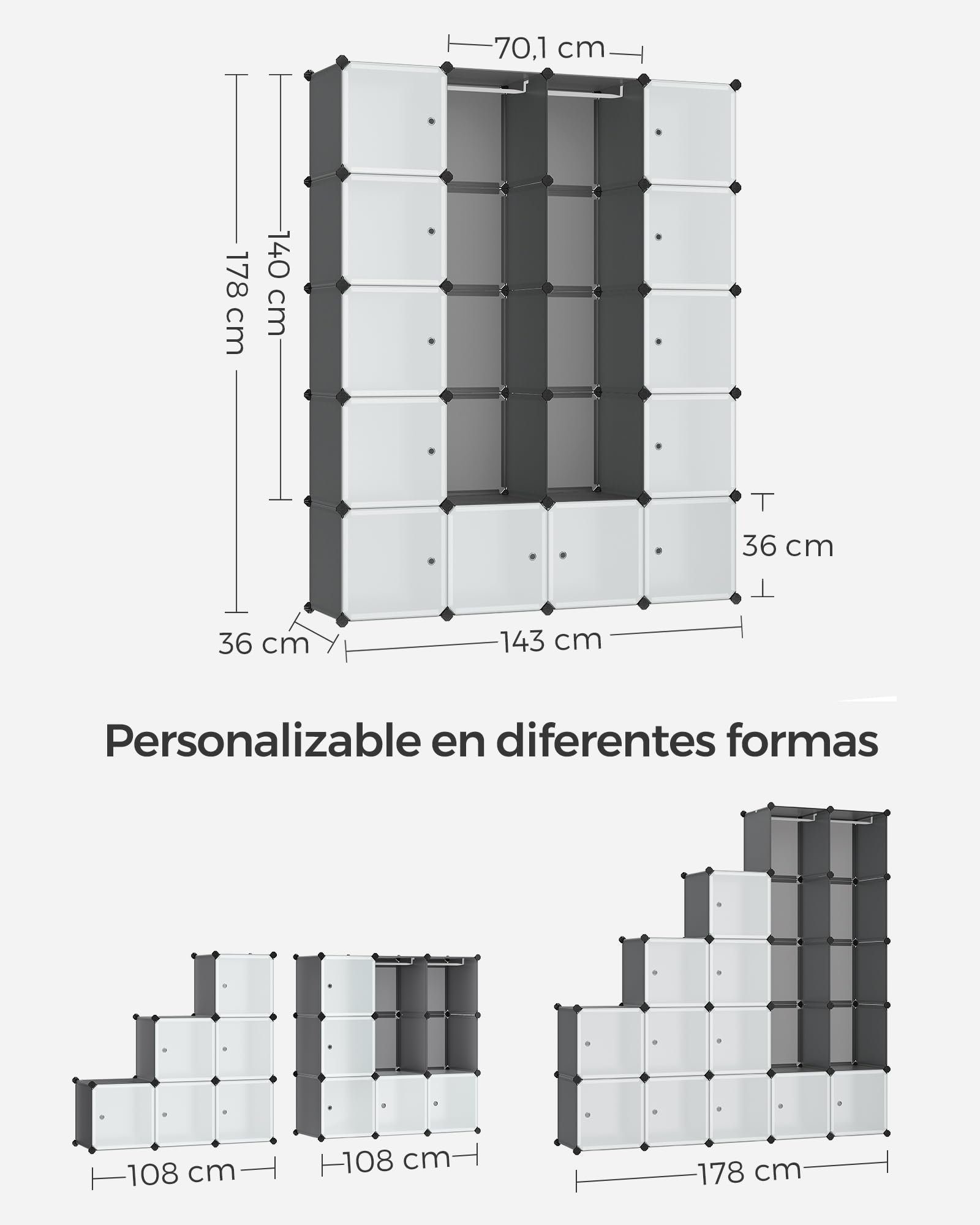 SONGMICS Cube Storage Organizer, Large Plastic Portable Wardrobe, Interlocking Storage Cabinet with Doors and Hanging Rails, Cubes 35x35x35cm for Bedroom, Grey LPC301G01