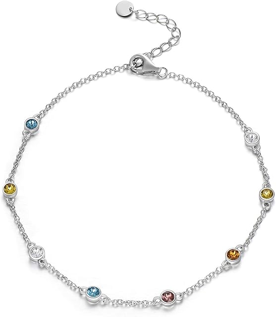 AOBOCO Anklets for Women Sterling Silver Ankle Bracelets with Crystals 9+2''