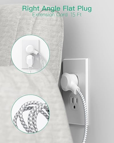 Miniatura 4 de Cable de extensión largo para regleta  Cable de extensión trenzado de 15 pies con enchufe plano, 4 tomas de corriente y 3 puertos de carga USB,