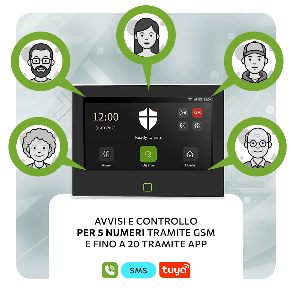 HXA700 Sistema allarme casa senza fili WiFi + GSM 4G con sirena esterna | Antifurto senza fili con 1x sensore PIR, 12x sensori porte/finestre | App TUYA Smartlife | Smart Home Security
