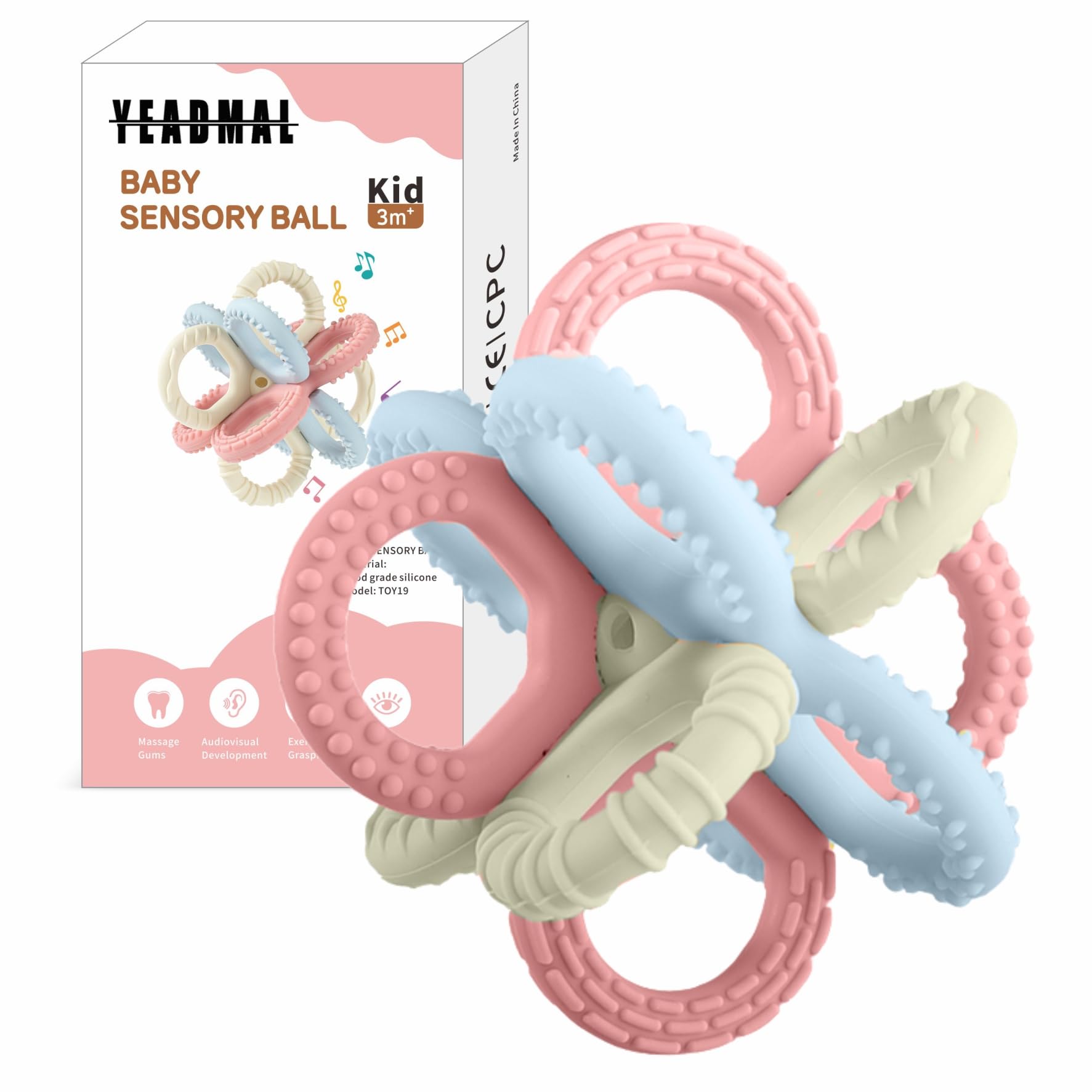 Beißring Baby - Beißspielzeug Zahnungshilfe aus Silikon, BPA-frei, Luban Ball Sensory Toy, Zahnen & Greifring für Babys - Sicheres Baby Spielzeug (Pink)