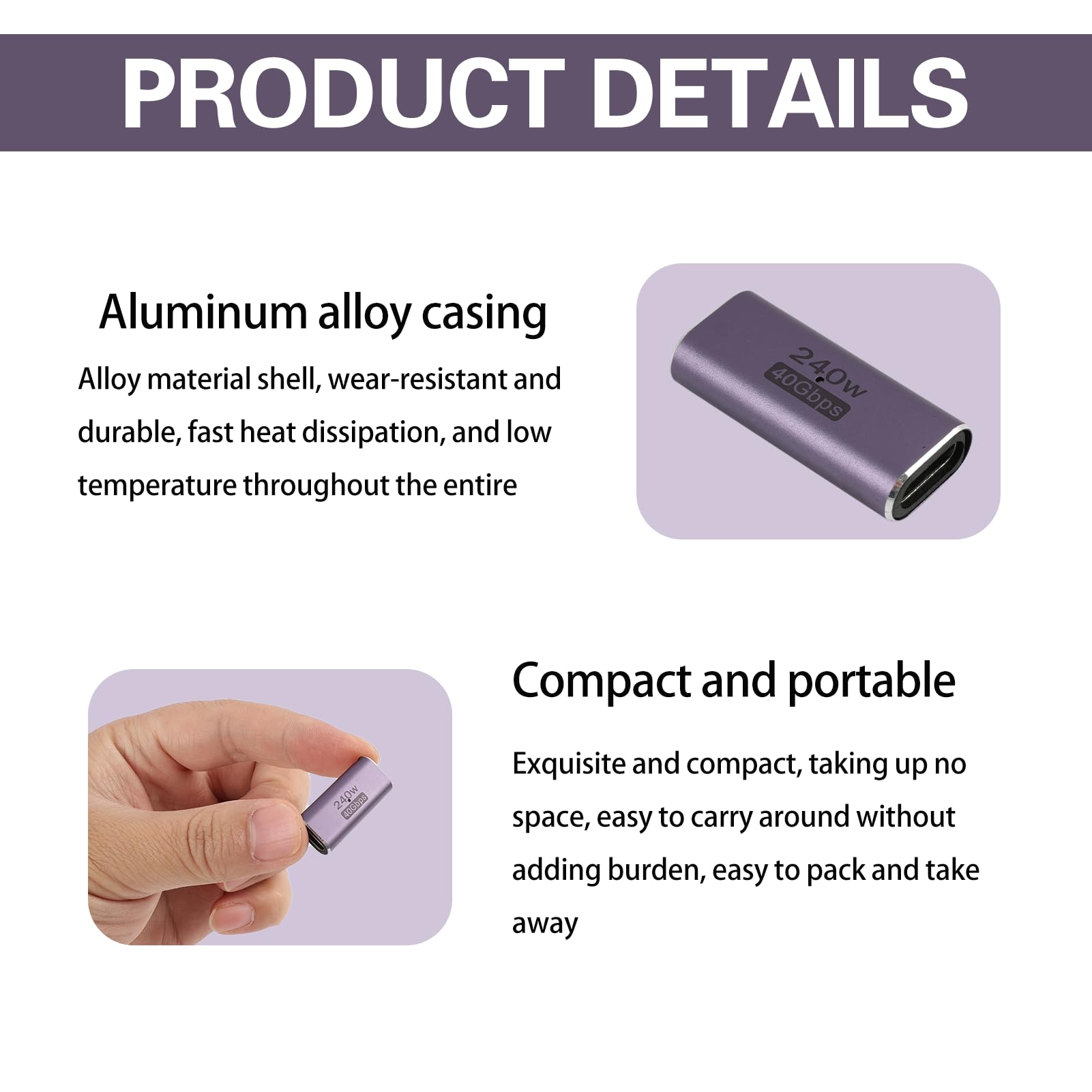 2 sztuki 240 W USB C, adapter żeński na żeński, 40 Gb/s, 8K 60 Hz, szybkie ładowanie, złącze wideo, adapter przedłużający USB C do iPada, przełącznika, Macbooka, urządzeń USB typu C