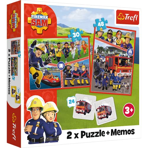 Trefl -3 em 1: 2X Jogo de memória, quebra-cabeças com heróis do conto de fadas, 24 meses, diversão para crianças a partir de 3 anos quebra-cabeças, cor Fireman, equipa de Sam el bombeiro (93334)