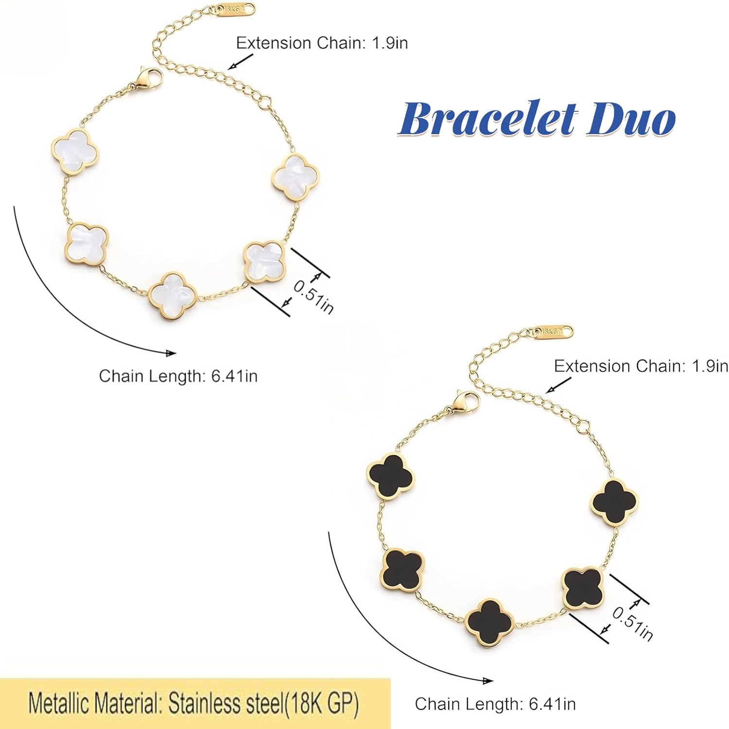 Four Leaf Clover Bracelets 18K Gold Plated Lucky Bracelet for Women Flower Leaf Link Lucky Bracelet Trendy Jewelry Gifts/Birthday Gifts for Women-2Pcs White/Black - Image 6