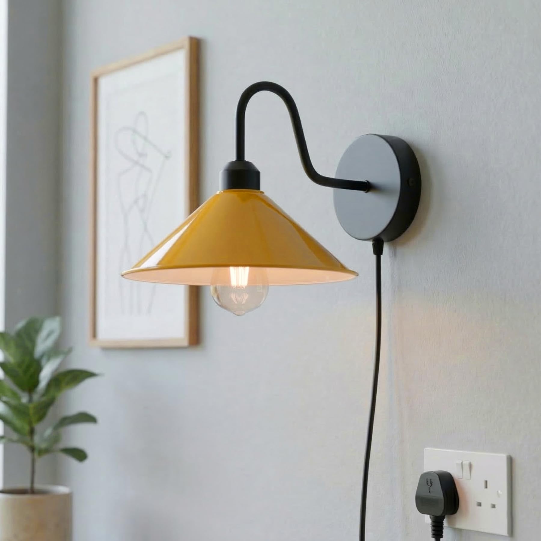 LEDSone Vintage Style 2 M Cone Shade Adjustable Arm Mechanism Metal Modern Wall Lights E27 Lamp Socket Dimmer Switch UK Plugin Wall Sconce Light Fixture (Yellow)