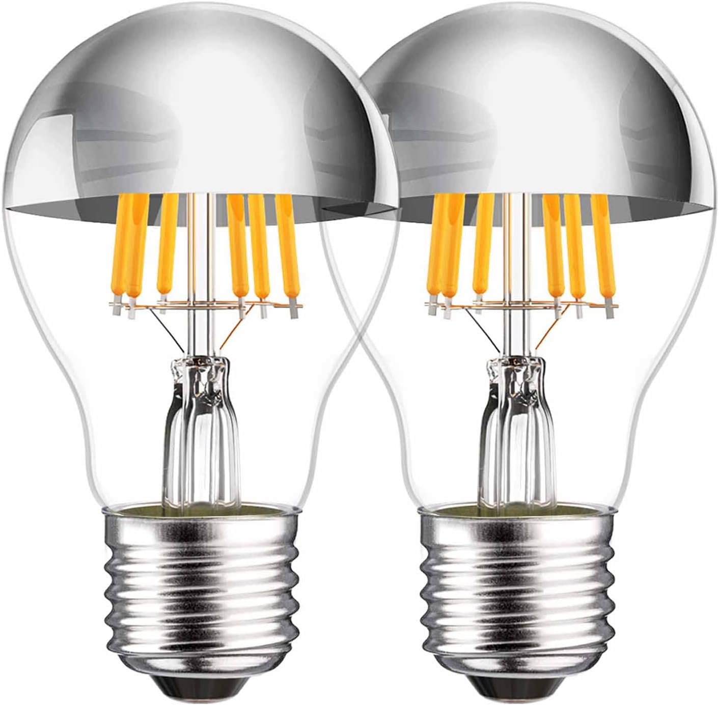Half Chrome Light Bulb, 6W (60 Watt Equivalent) Dimmable Silver Tipped Light Bulb, A19 A Shape Decorative LED Bulb, 2700K Warm White LED Edison Bulb, E26 Base Pack of 2