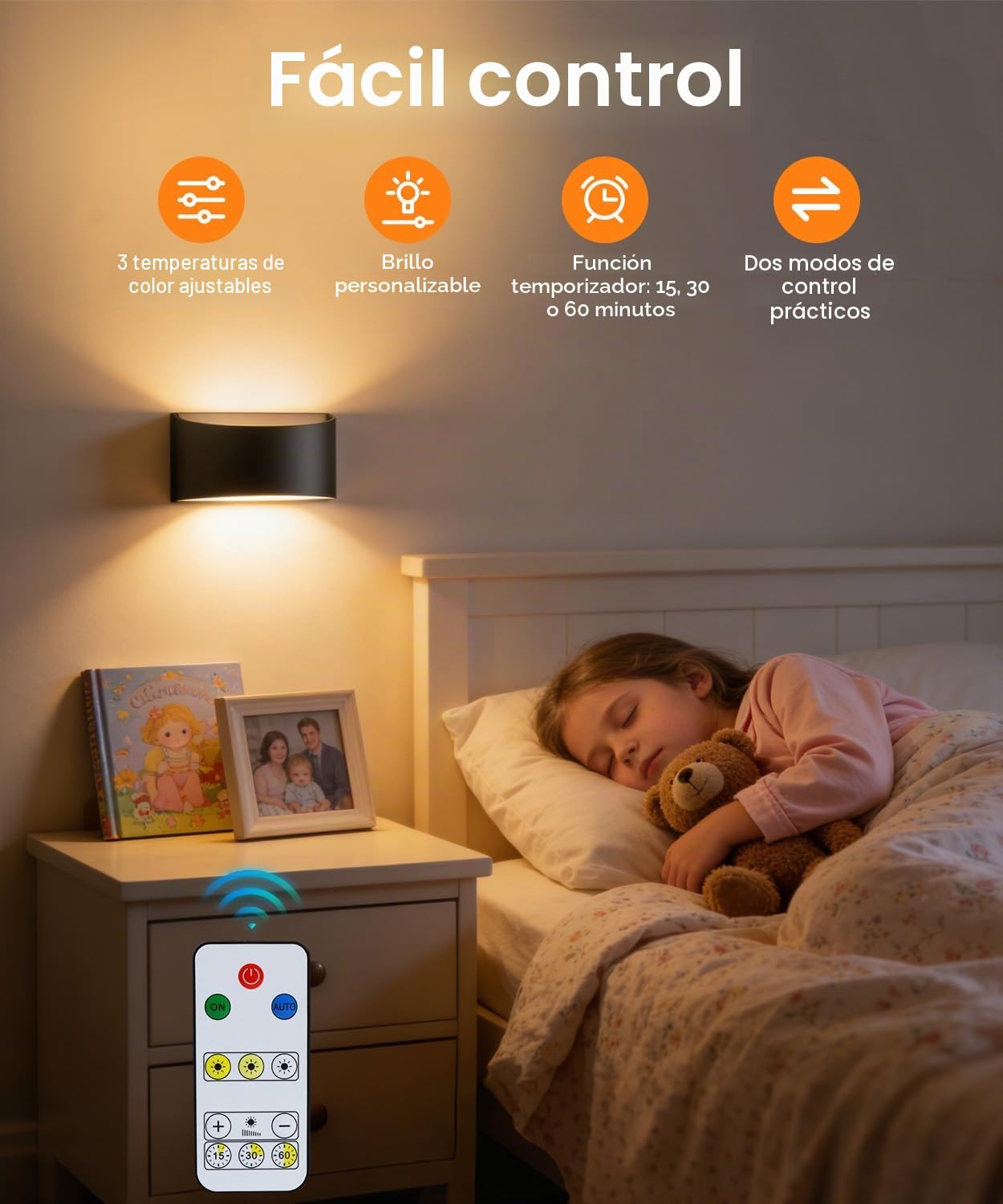 2 Piezas Aplique LED de Pared Interior con Sensor de Movimiento, Apliques Pared 5.000 mAh Recargable sin Cable, 3 Temperaturas, Mando 7 m, Lámpara de Pared Negro, Dormitorio Pasillo Escalera