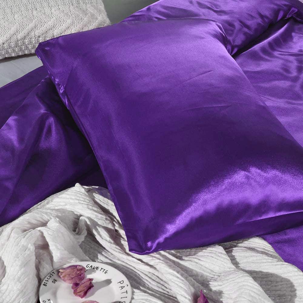 Duvet Set - Full XL, Purple Soft Silky Satin Duvet Cover Sets (1 Button Closure Duvet Cover, 1 Fitted Sheet with 18" Deep Pocket, 2 Pillow Shams) 4 Pieces Duvet Cover Set