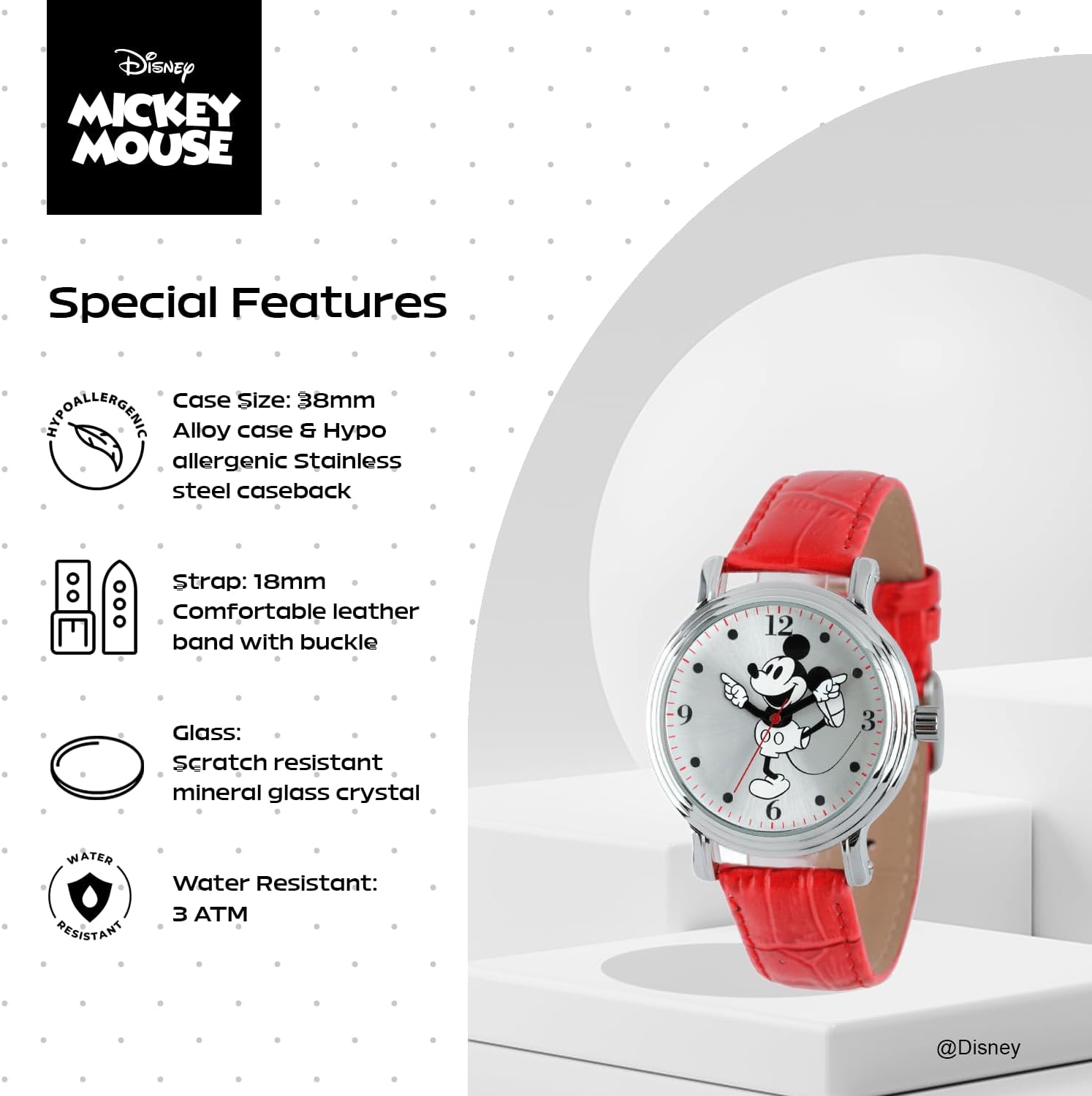 Disney Officially Licensed Mickey Mouse Watch, Stylish Mickey Mouse Watch for Women Fans - Women's Silver Dial Watches with Metal Case & Red Leather Strap