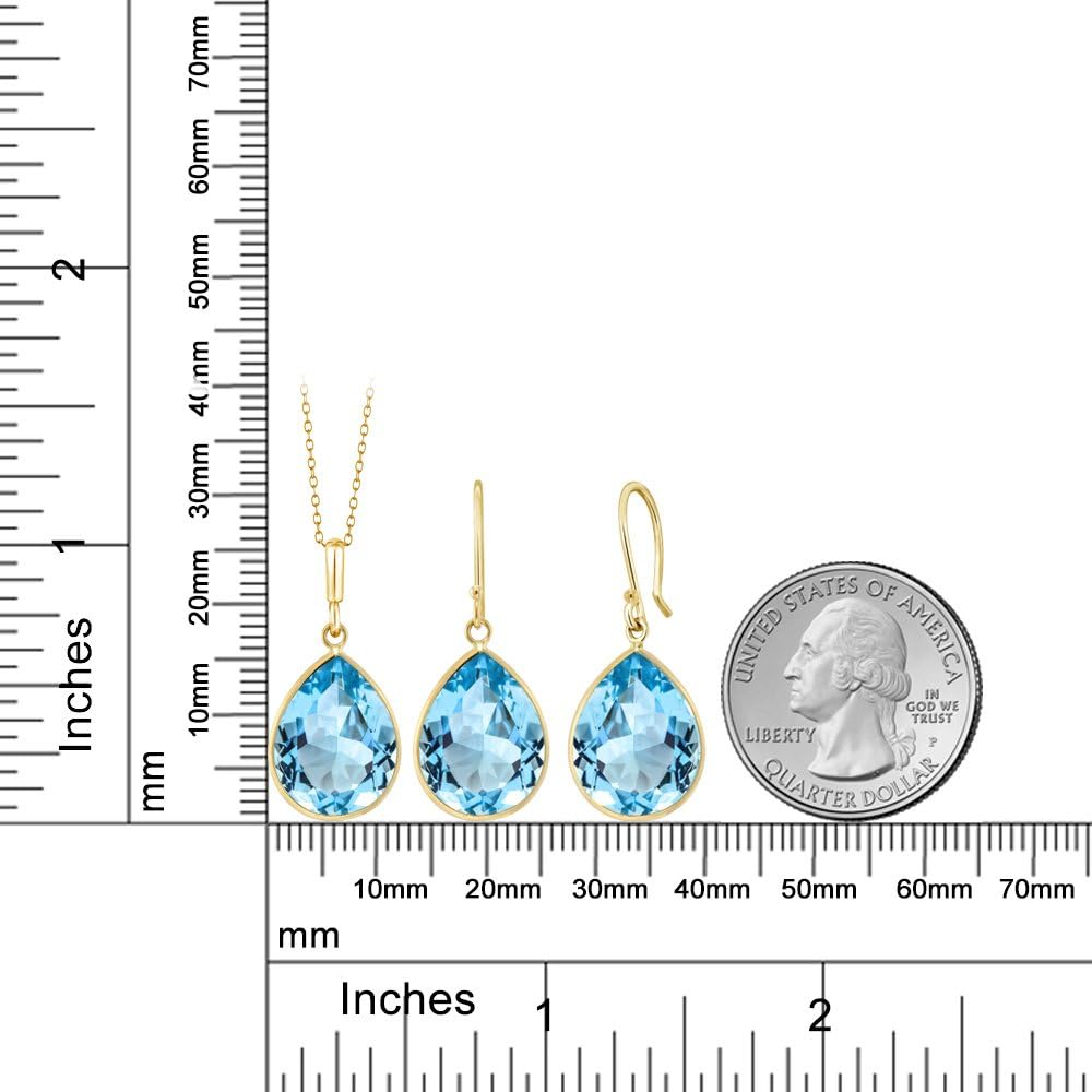 Gem Stone King 14K Yellow Gold Blue Topaz Pear Shape Pendant and Earring Set for Women | 27.00 Cttw | Gemstone Birthstone | With 18 Inch Chain
