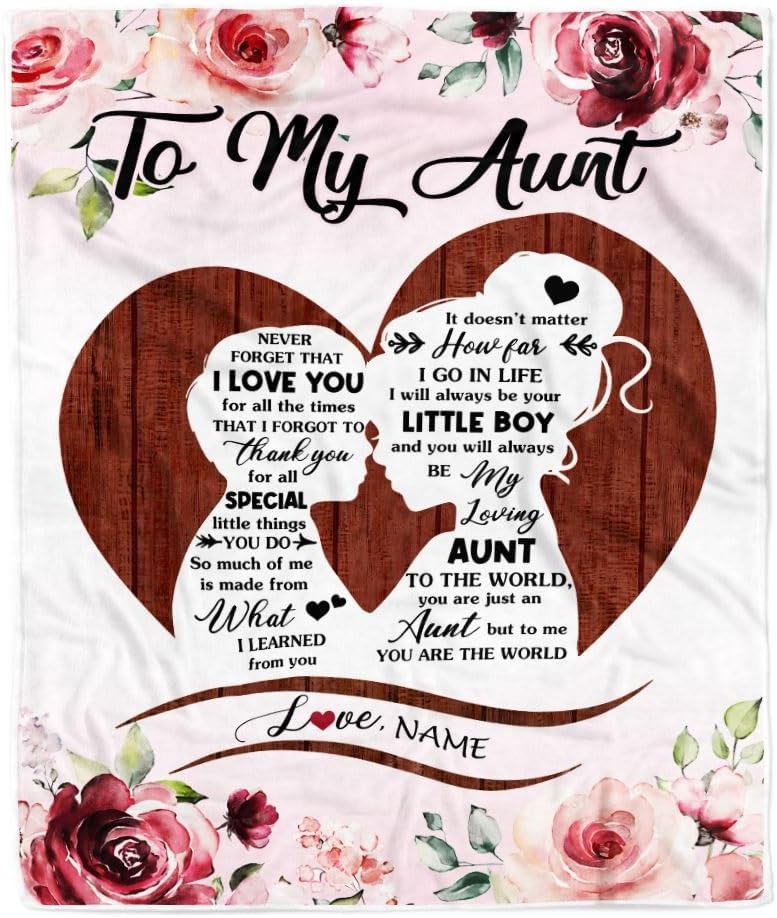 Personalized to My Aunt Blanket from Nephew Never Forget I Love You Heart Flower Aunt Birthday Mothers Day Christmas Customized Bed Fleece Throw Blanket (30 x 40 in Baby Size)