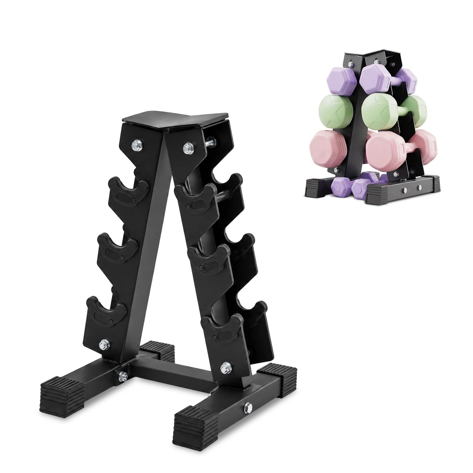 Soporte para Mancuernas de 3 Niveles, Estructura en A, Capacidad 100 kg,con Goma Antideslizante, para Gimnasio y Fitness en Casa (3, Kilogramos, 100)