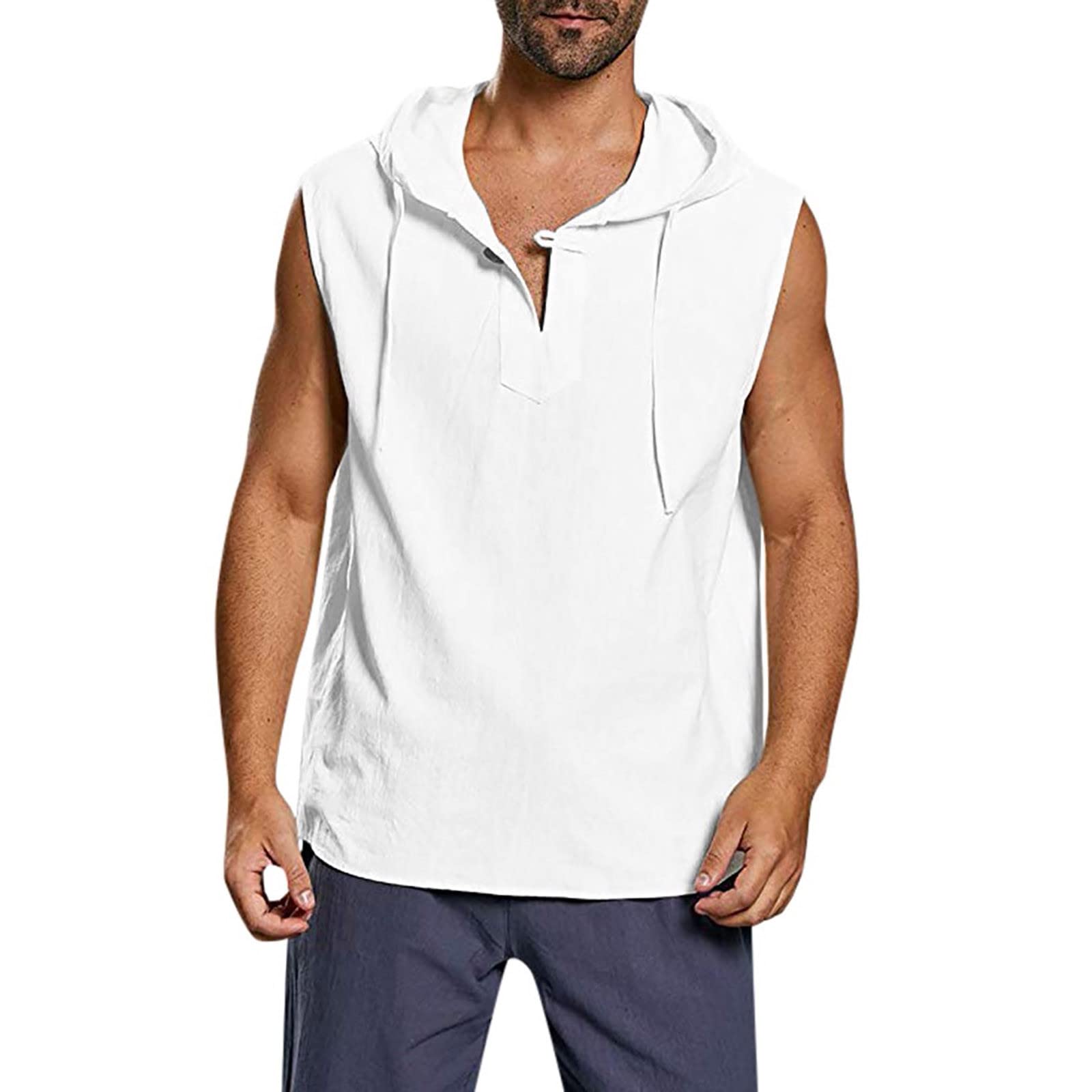 NUSGEAR 2023 Camisetas de Tirantes Hombre,Verano Moda Chaleco Algodón y lino Deporte gym Camiseta sin mangas con Capucha Fitness Color sólido Tank Top Suelto T-shirt Casual Cómodo camisas