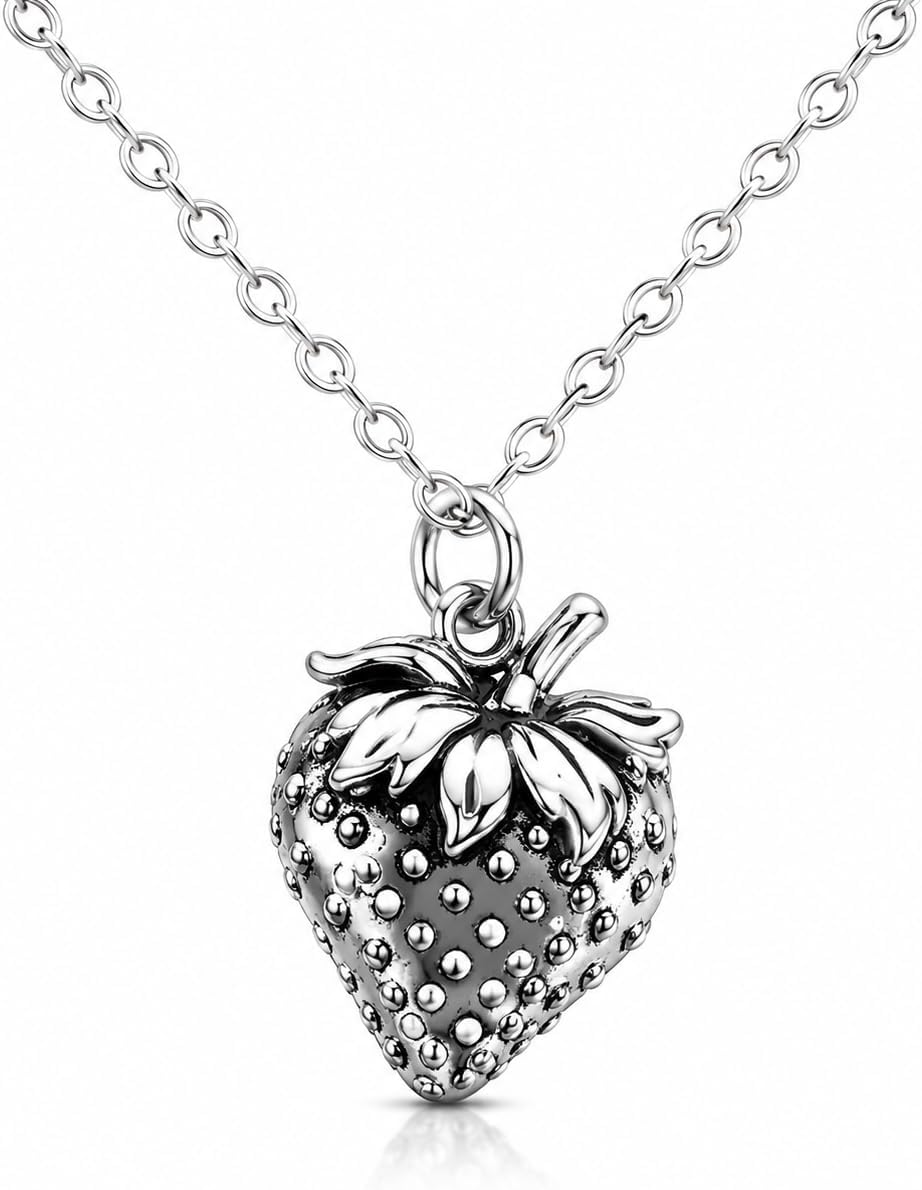 Sterling Silver Strawberry Necklace – Handmade Dainty Fruit Pendant, Gift for Her