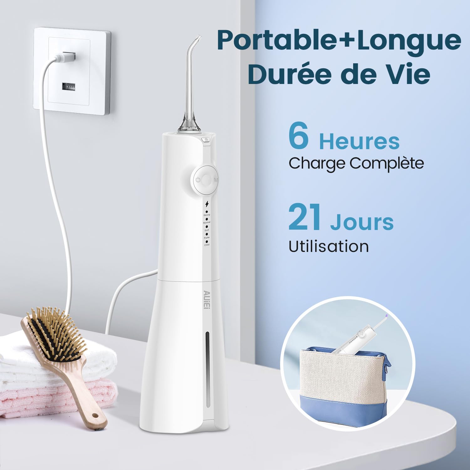 AUIEI Jet Dentaire Hydropulseur Portable Water Flosser, Irrigateur Oral 5 Modes et 8 Buses,Réservoir 300ML, USB Chargé, Étanche IPX7,Convient Gencive Sensible (Blanc)