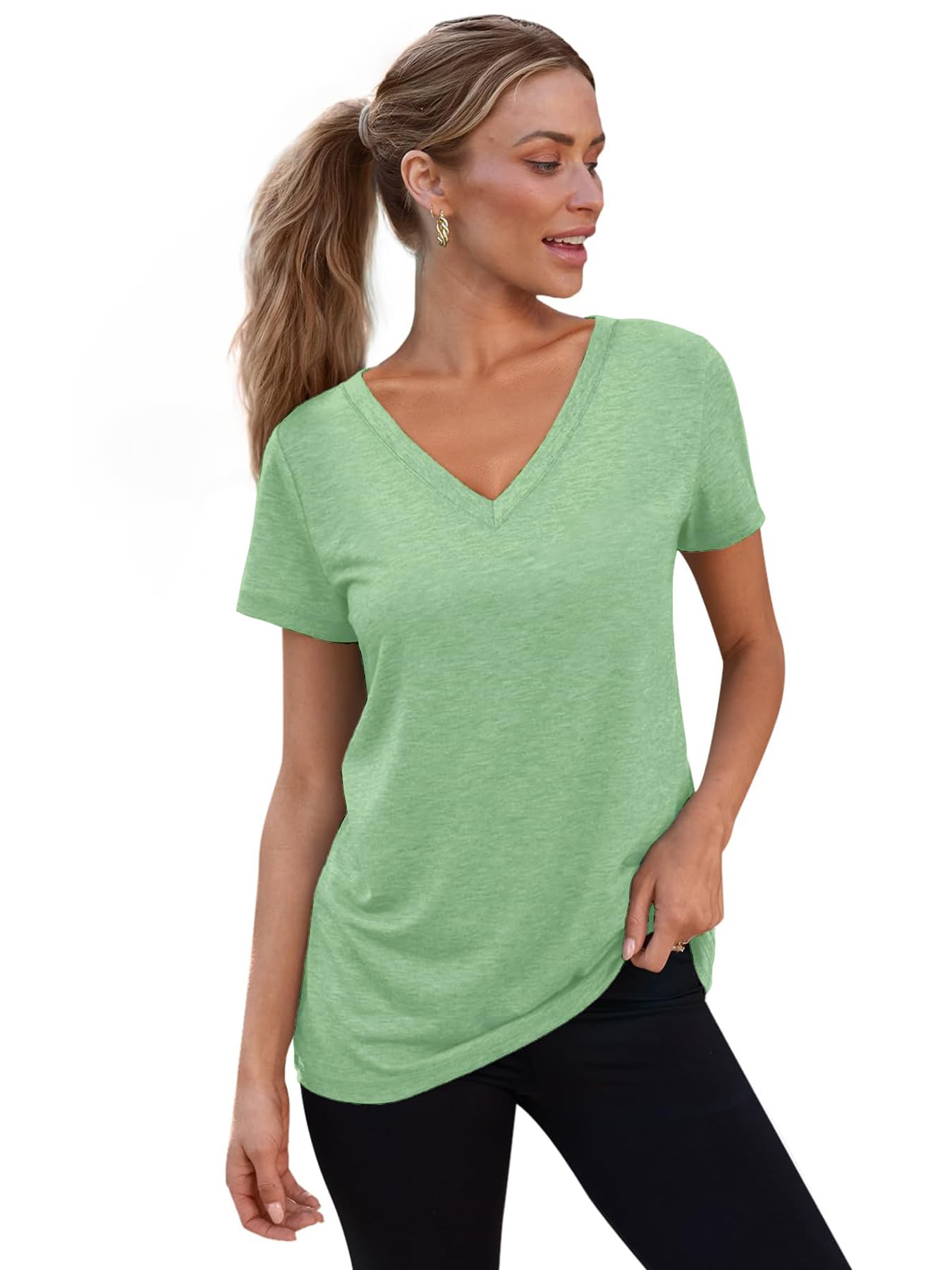 Camiseta de manga corta con cuello en V para mujer, color liso, casual, ajuste cómodo, suave, elástica, para uso diario, 1/3 piezas