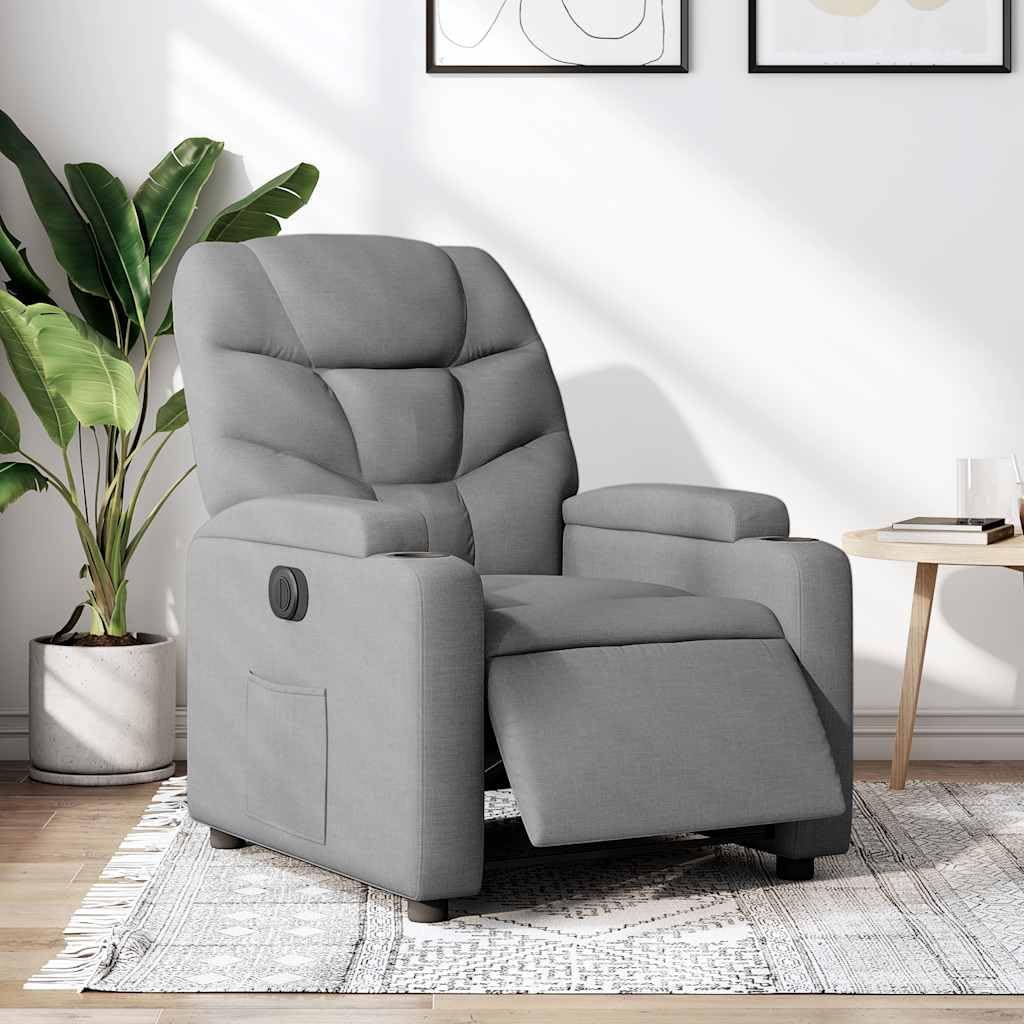 Fotel relaksacyjny, elektryczny, jasnoszary, materiał z funkcją leżenia, regulowany, ergonomiczny, wygodny, z podłokietnikami, drewniana rama metalowa, do salonu, kącika do czytania i biura