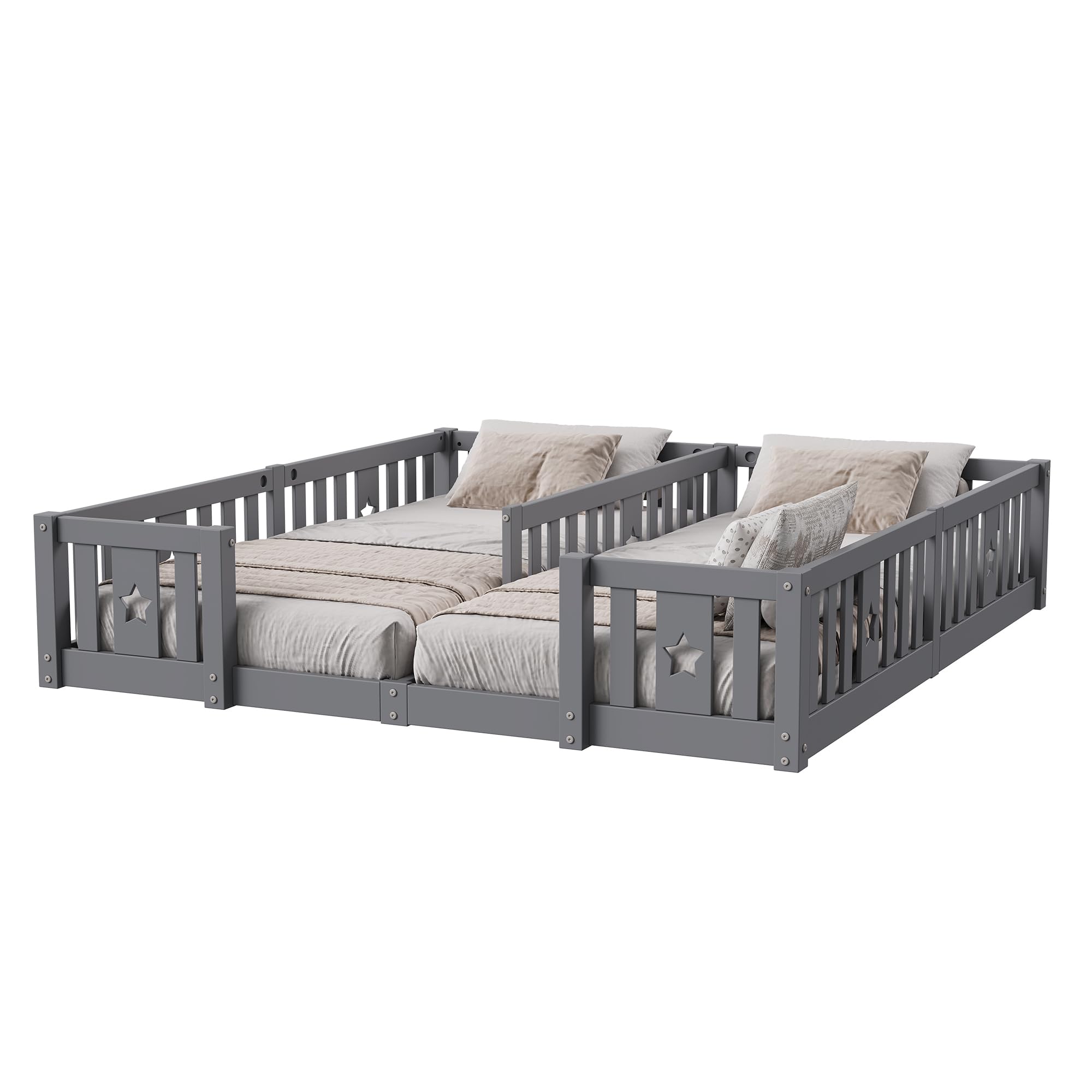 Letto a Terra 90x200 cm, Letto per Bambini a Terra con Barriera, Letto Montessori, Legno Massiccio, Letti Doppi, per Camera di Ragazzi e Ragazze, senza Materasso (Grigio A, 188 * 206 * 40)