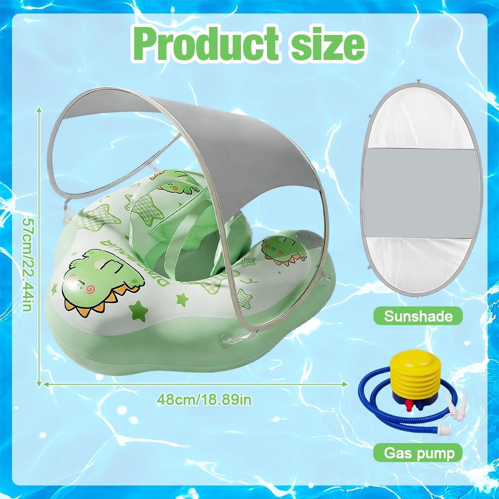Baby Swimming Ring, Baby Swimming Aid, Inflatable Swimming Hoop Baby with UPF50+ UV Protection, Adjustable Safety Seat, with Sun Canopy, Shoulder Straps and Air Pump for from 3-36 Months (L)