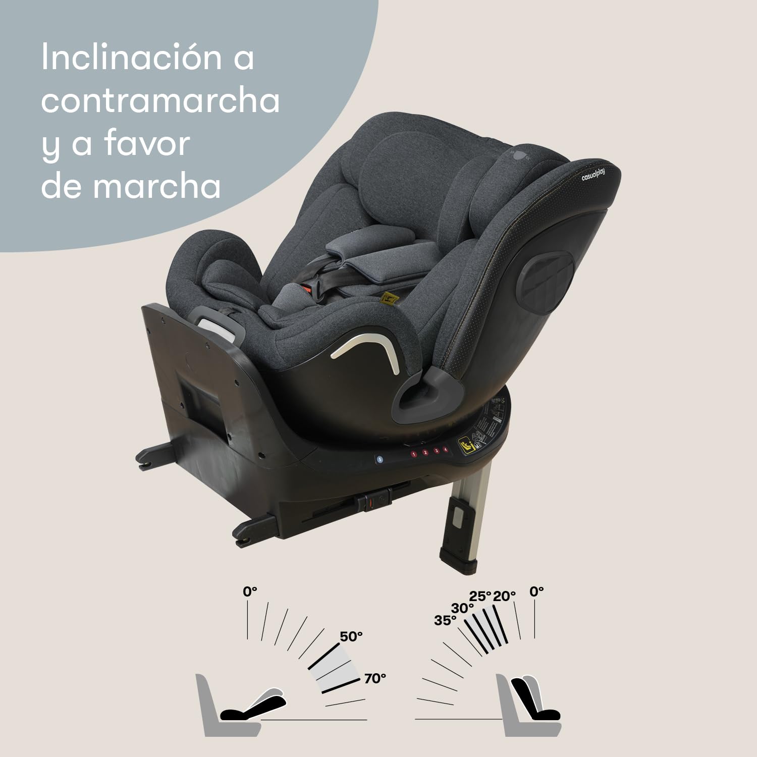 Casualplay - Silla de coche bebé Kora i- Size giratoria con isofix y pata de apoyo, grupo 0 1 2 3 de 0 a 12 años o de 40 a 150 cm altura y apta para llevar a contramarcha hasta los 105cm (Deep grey)