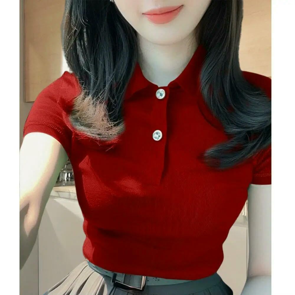 GLDFW Estate Solido Manica Corta Elegante Slim Fit Stile Coreano Colletto Polo Hot Girl Top Donna