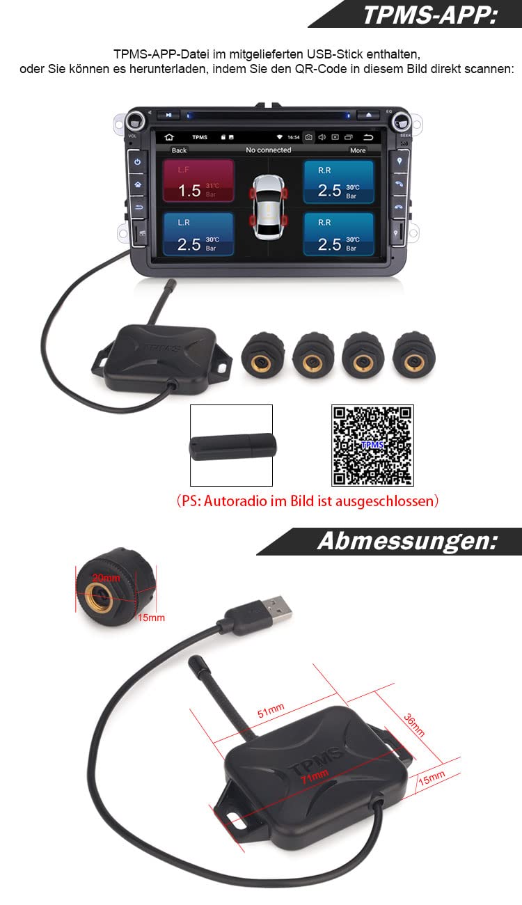 Erisin Universal USB TPMS Modul Reifendruckprüfer mit 4 Externe Sensors, USB Reifendrucksensor Reifendruckkontrollsystem für Android Autoradios