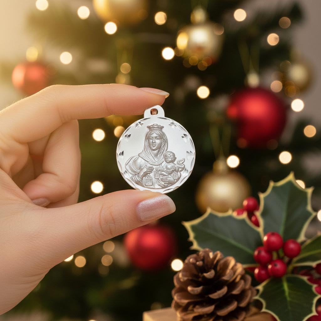 Medal Szkaplerski y Carmen i Najświętszego Serca 925 Srebro 925 20mm Rzeźbione Krawędź Religijne