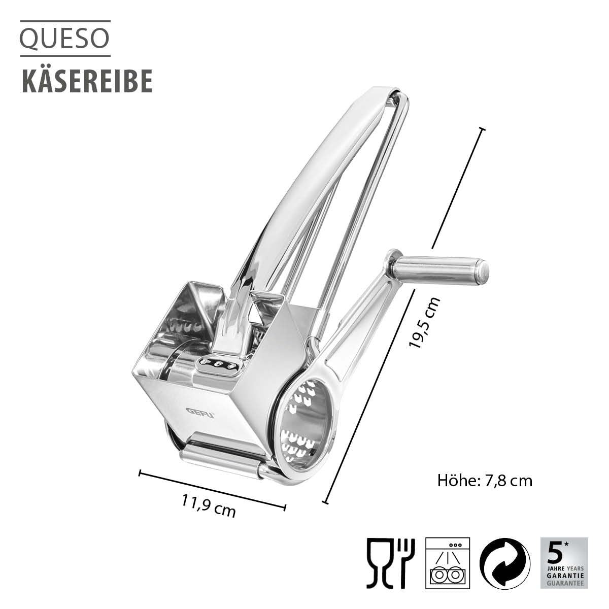 GEFU QUESO Käsereibe | LASER-CUT Reibtrommel | Für Käse, Nüsse & Schokolade | Zerlegbar & Spülmaschinengeeignet | Kurbel für Rechts-/Linkshänder