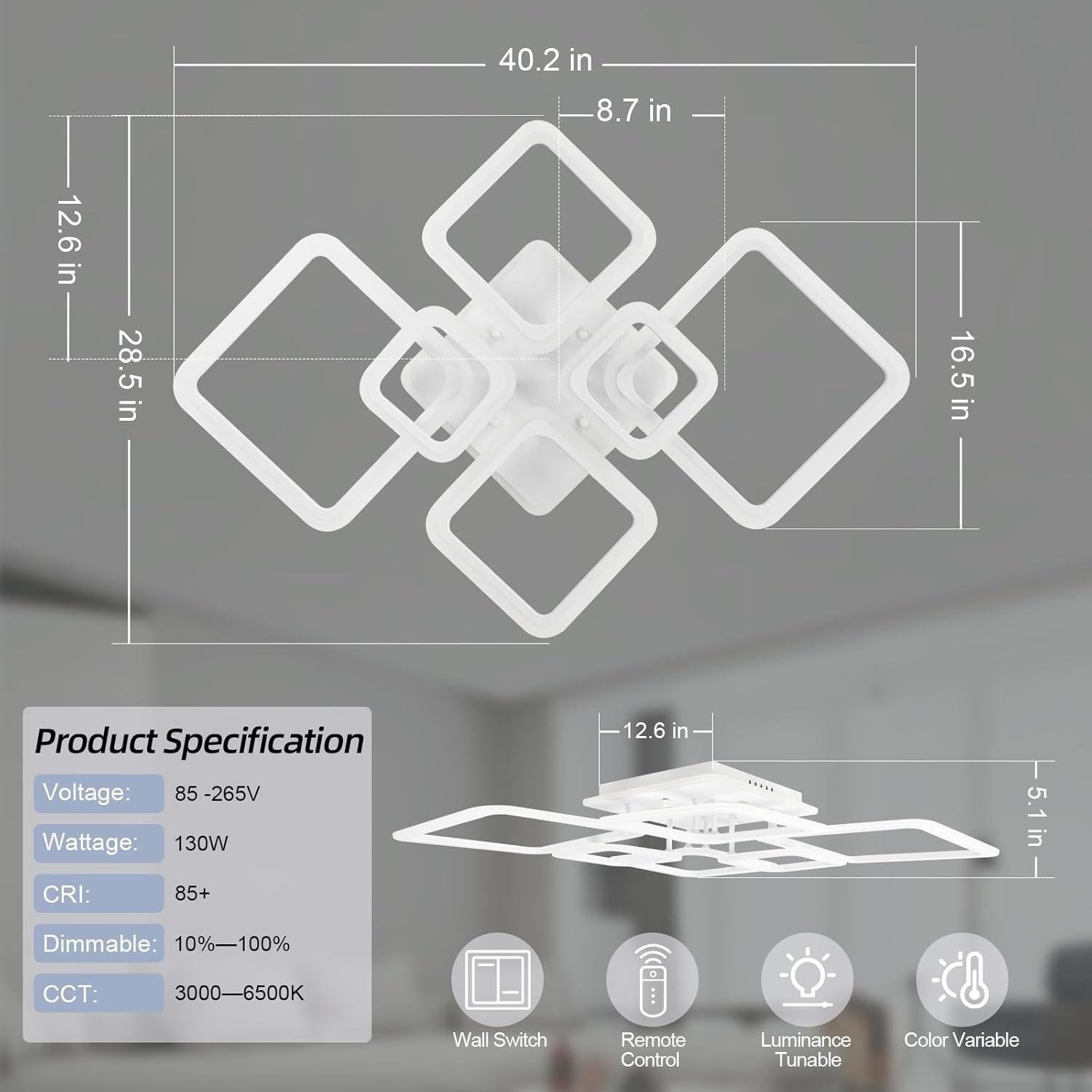 Modern Ceiling Light, White 40.2'' LED Dimmable Acrylic Square 6+1 Rings Ceiling Lights with Remote, 130W Flush Mount Ceiling Light Fixture for Bedroom Living Room Dining Room