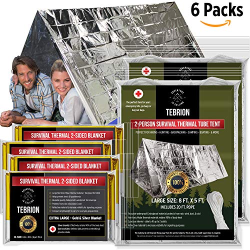 TEBRION 2 x Emergency 2-Adult Mylar Thermal Tent and 4 x Extra Large 63