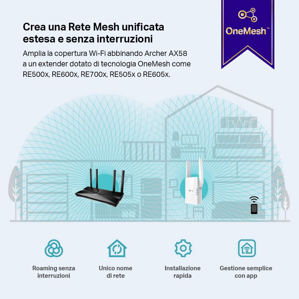 TP-Link Archer AX58 AX3000Mbps Router WiFi 6 Dual-Band, 4 Porta Gigabit, 2402Mbps su 5 GHz e 574Mbps su 2,4 GHz, 4 Antenne Ad Alto Guadagno, Parental Control, Rete Ospiti, QoS, EasyMesh, WPA3, Alexa