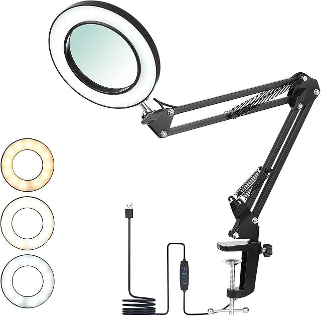 Magnifying Desk Lamp with Clamp, Tomshin-1 8X Magnifier Lamps 3 Colors & 10 Brightness Dimmable Magnifying Glass Led Lamp, 19 Inch Adjustable Swivel Arm Lamp Craft Light