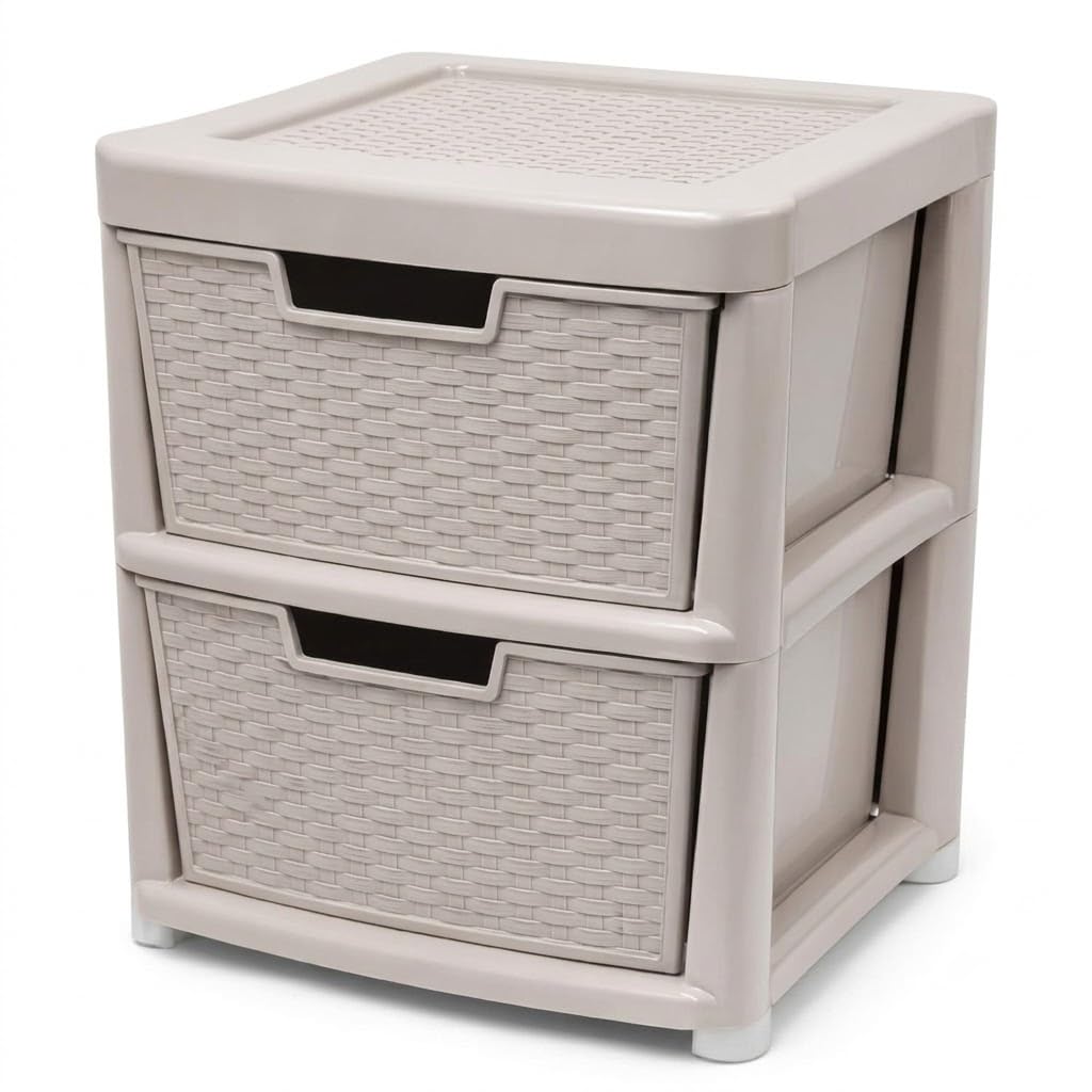 ORYNTO Large Plastic Storage Drawers Rattan Effect Chest of Drawers Storage Tower Organiser for Bedroom Bathroom Kitchen Living Room Easy Storage Solution Plastic Drawers (2 Tier,Rattan Mushroom)