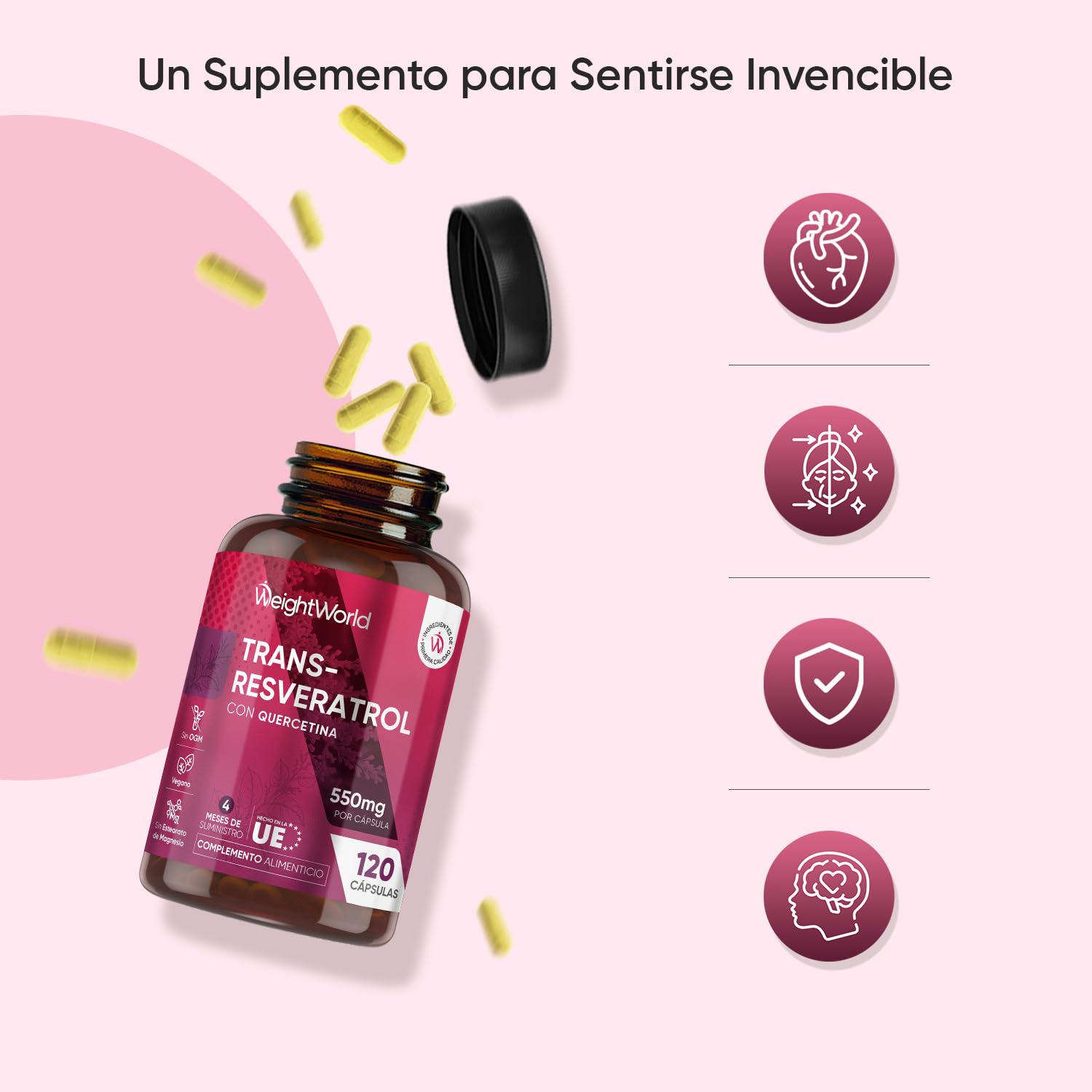 Trans Resveratrol con Quercetina 550mg - 120 Cápsulas de un 98% de Knotweed Japonés y Sophora Japonica - 4 Meses de Suministro - Apto para Veganos