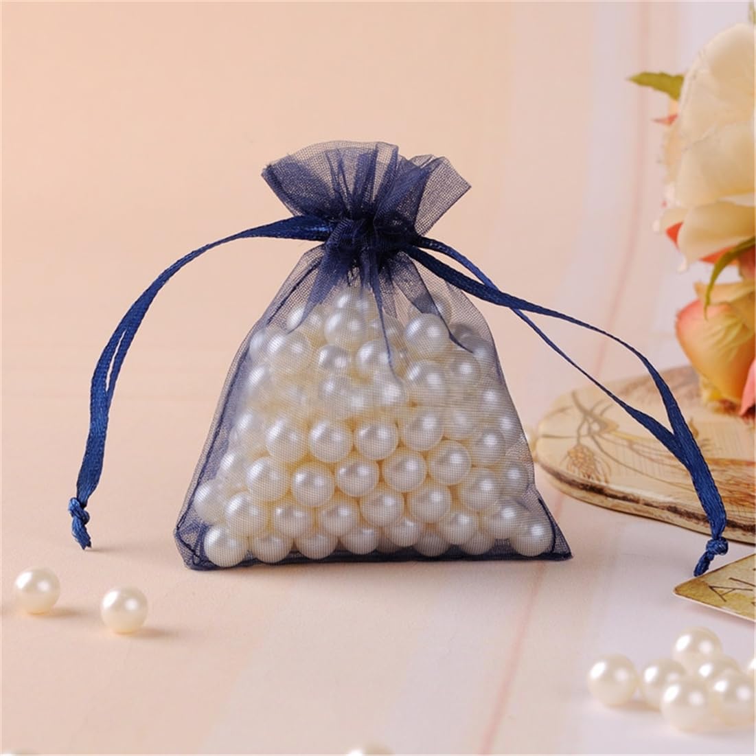 Lot de 250 sachets en organza - 13 x 18 cm - Petits sacs cadeaux en organza - Avec cordon de serrage - Pour mariage, Noël, festival, fête (bleu foncé)