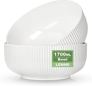 Salad Bowl 2 Pack, Ceramic Serving Bowl Set, Deep Bowl for Kitchen, White Big Pasta bowl for Soup, Cereal, Salad, Pasta, Ramen, Fruit, Microwave and Dishwasher Safe, 8IN 1700ML