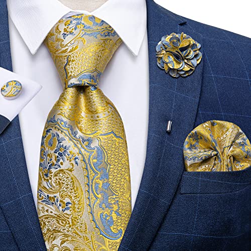 Image of DiBanGu Silk Ties for Men Necktie and Lapel Pin Brooch Set Formal Woven Paisley Plaid Striped Solid Tie Wedding Party