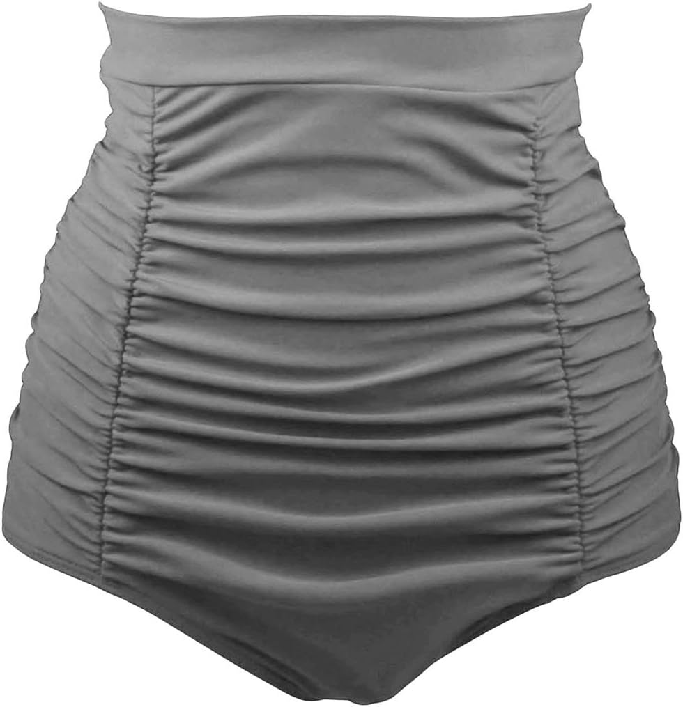 QiKa Women's Retro Ruched High Waist Bikini Bottom Swimsuit Short Swim Short Tankinis,Grey,L