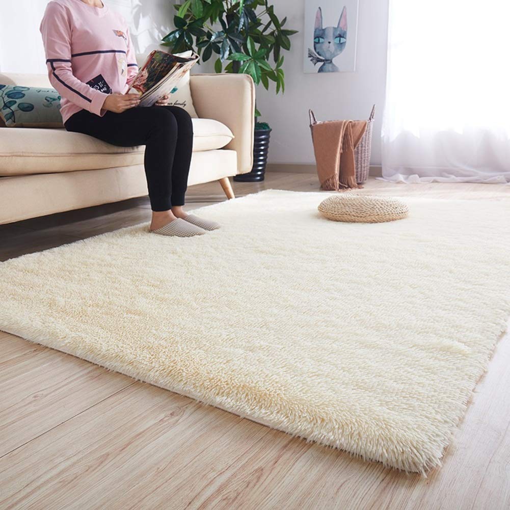Tapis à poils longs crème salon et chambre 160x120 cm shaggy moelleux
