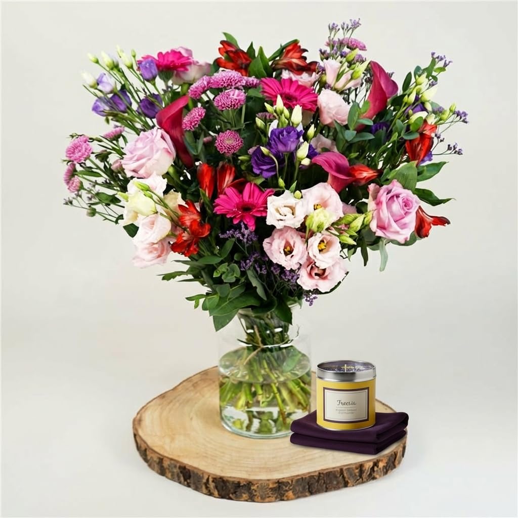 Lady Penelope Fresh Flower Bouquet With Scented Candle Gift Set, Romantic Mixed Roses And Seasonal Blooms, Luxury Valentine’s Day Flowers For Her, Hand Tied Arrangement, UK Delivery
