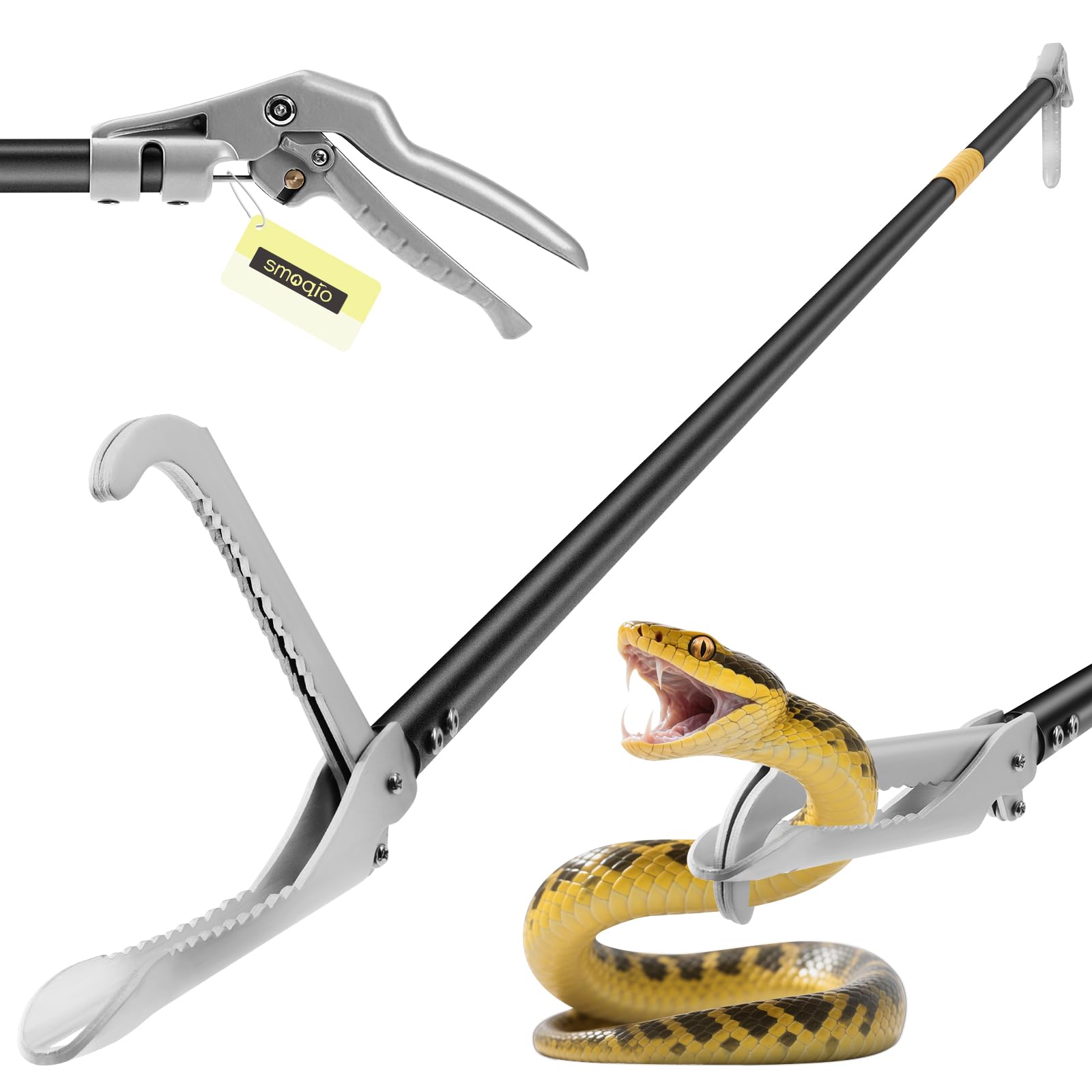 SMOQIO Snake Grabber Tool, 59in Professional Snake Tongs, All-Aluminum Alloy Reptile Catcher Grabber with Anti-Slip Grip, Wide Jaw Multi-Function
