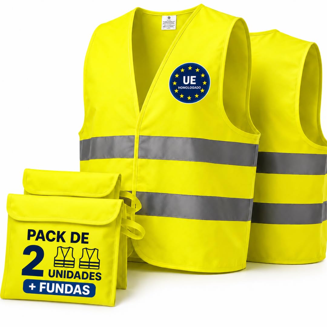 Pack de 2 Chalecos Reflectantes Homologados + 2 Bolsas | Talla Única "L" | Chaleco Coche y Moto Homologado DGT | Chaleco Reflectante Homologado | Chalecos Reflectantes Seguridad | Chaleco de Trabajo